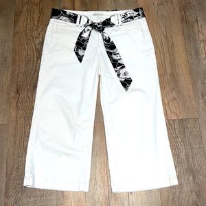 WhiteHouse BlackMarket Blanc Wide Leg Capri Pants Silk Belted Rhinestone Detail